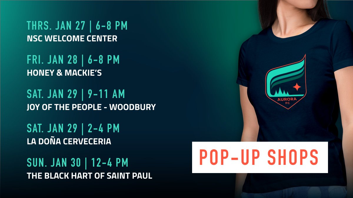 Minnesota Aurora FC (@mnaurorafc) on Twitter photo Hot off the press! Get your #MNAuroraFC gear at these pop-up stores. Also available online at MNAurora.com.
<a href="/NSC_Sports/">National Sports Center</a> - Welcome Center
<a href="/HoneyAndMackies/">Honey & Mackie's</a>
<a href="/JOYofthePEOPLE/">Joy of the People</a> - Woodbury
<a href="/ladonacerveza/">La Doña Cervecería</a>
@BlackHartSTP Hot off the press! Get your #MNAuroraFC gear at these pop-up stores. Also available online at MNAurora.com.
<a href="/NSC_Sports/">National Sports Center</a> - Welcome Center
<a href="/HoneyAndMackies/">Honey & Mackie's</a>
<a href="/JOYofthePEOPLE/">Joy of the People</a> - Woodbury
<a href="/ladonacerveza/">La Doña Cervecería</a>
@BlackHartSTP