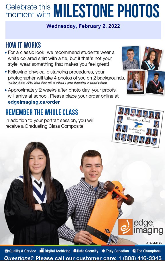 📷 Picture Retake Day and Grade 8 Grad Photo Day  Wednesday, February 2, 2022
Save the Date!
