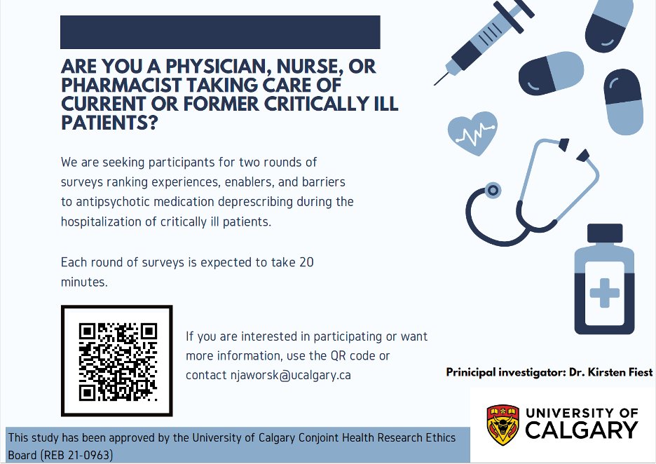We are still looking for physicians, nurses and pharmacists who work with current or former critically ill patients to complete surveys on antipsychotic medication prescribing. Contact njaworsk@ucalgary.ca or click the link to participate👉ow.ly/Xjaw50HpTgO