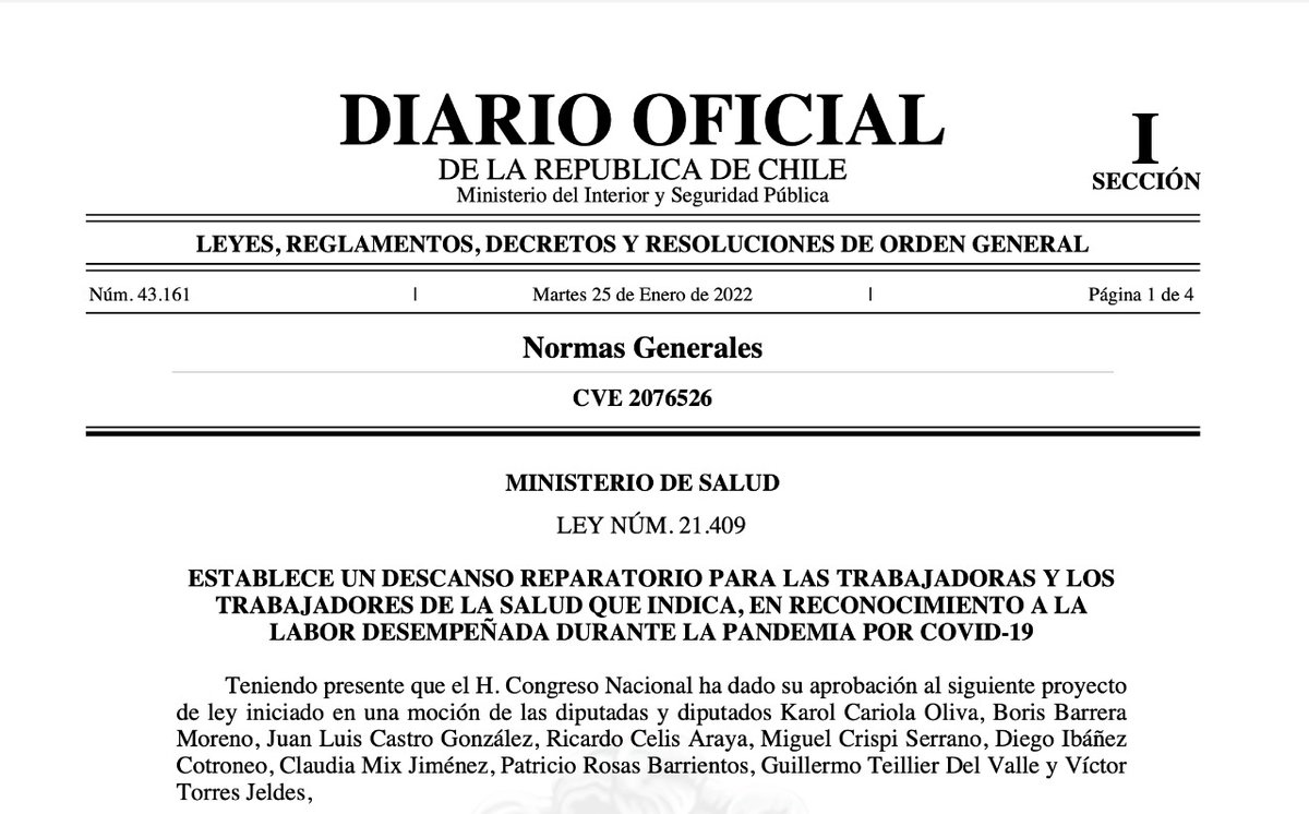 📣¿Sabías que ya se publicó en el Diario Oficial de la República de 🇨🇱 la Ley que establece descanso reparatorio para trabajadoras y trabajadores de la Salud en reconocimiento a la labor desempeñada durante la pandemia por #COVID19?

Más información aquí👉🏽bit.ly/3nWY4u9