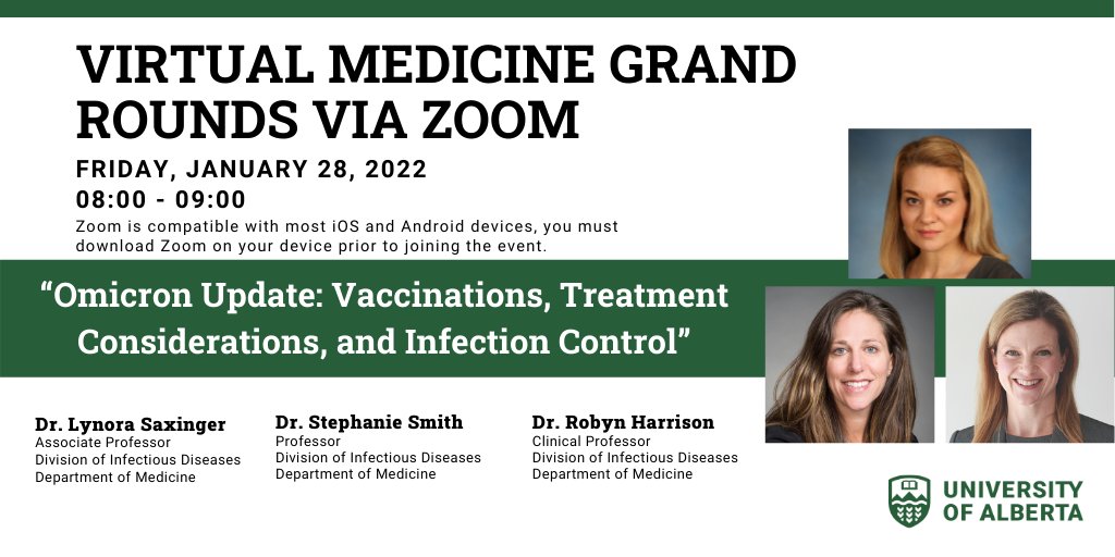 UAlberta_DoM's tweet photo. Reminder! Please join us at #MGR tomorrow, where Dr. Lynora Saxinger, Dr. Stephanie Smith, and Dr. Robyn Harrison from @UofA_ID will be presenting a CoVID-19 Omicron Update. Be there! Register ➡️ https://t.co/bWwJ1FVMs6 @NK_UADoM https://t.co/DXT2NikzQP