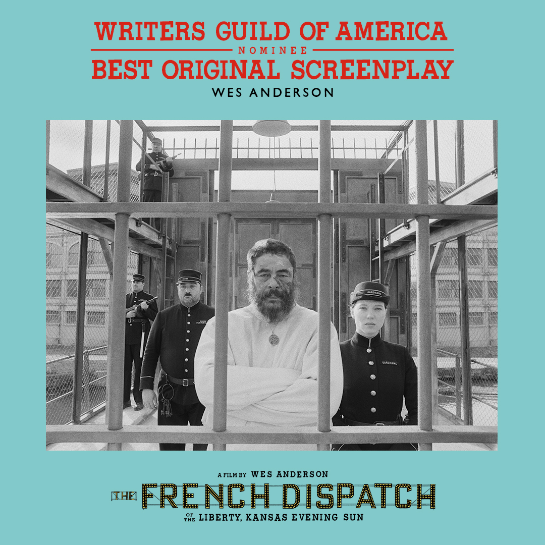 Congratulations to Wes Anderson on being nominated for BEST ORIGINAL SCREENPLAY for #TheFrenchDispatch by the Writers Guild of America! #WritersGuildAwards #WGAawards