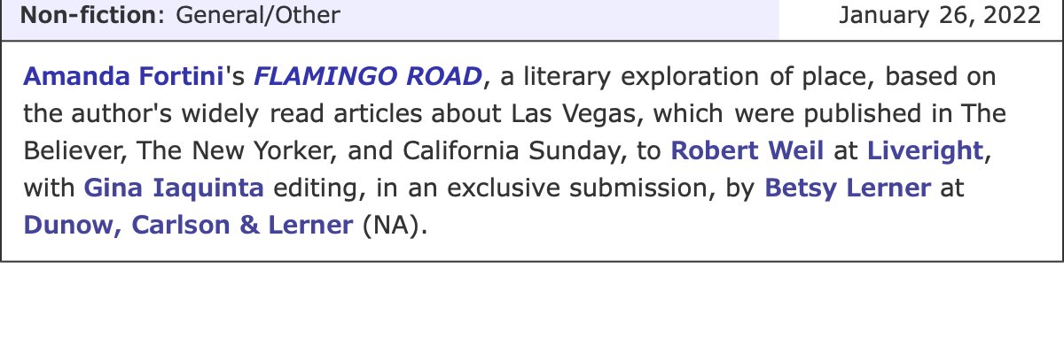 amandafortini's tweet image. I’m writing a book about Las Vegas! It’s called Flamingo Road, and takes off from the pieces I’ve written about the city. I’m so excited to be working with the legendary Bob Weil, the fantastic @ginabiaquinta, and everyone @LiverightPub.