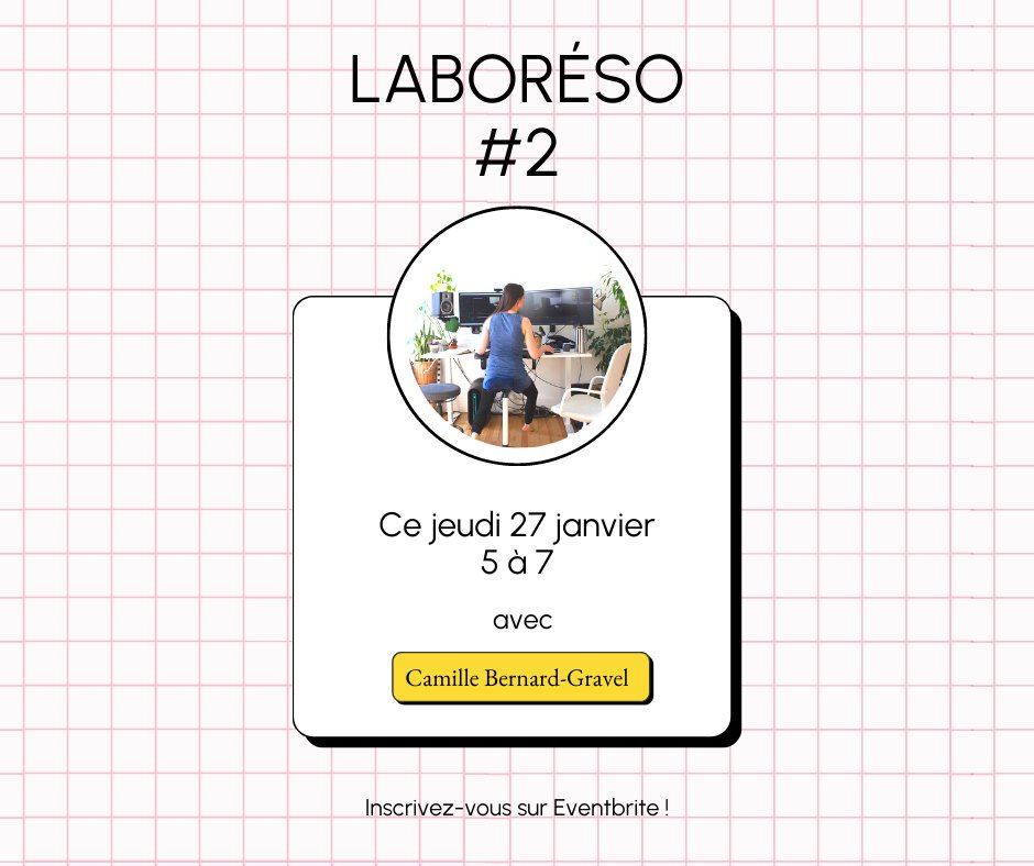 [LaboRéso] #2 - Ce soir 5 à 7 p.m. 
Échangez et discutez avec Camille Bernard-Gravel, notre artiste en e-résidence.
Pour s'inscrire Eventbrite : eventbrite.ca/e/billets-labo…
#CAO #TAC #PCH