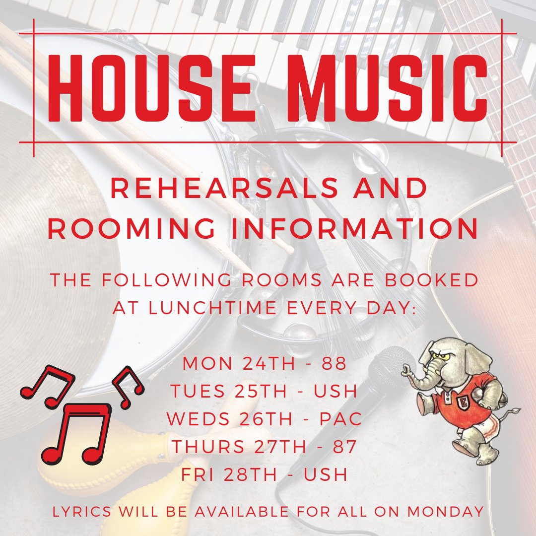 One final rehearsal for House Music this week in the USH, all students involved must attend!