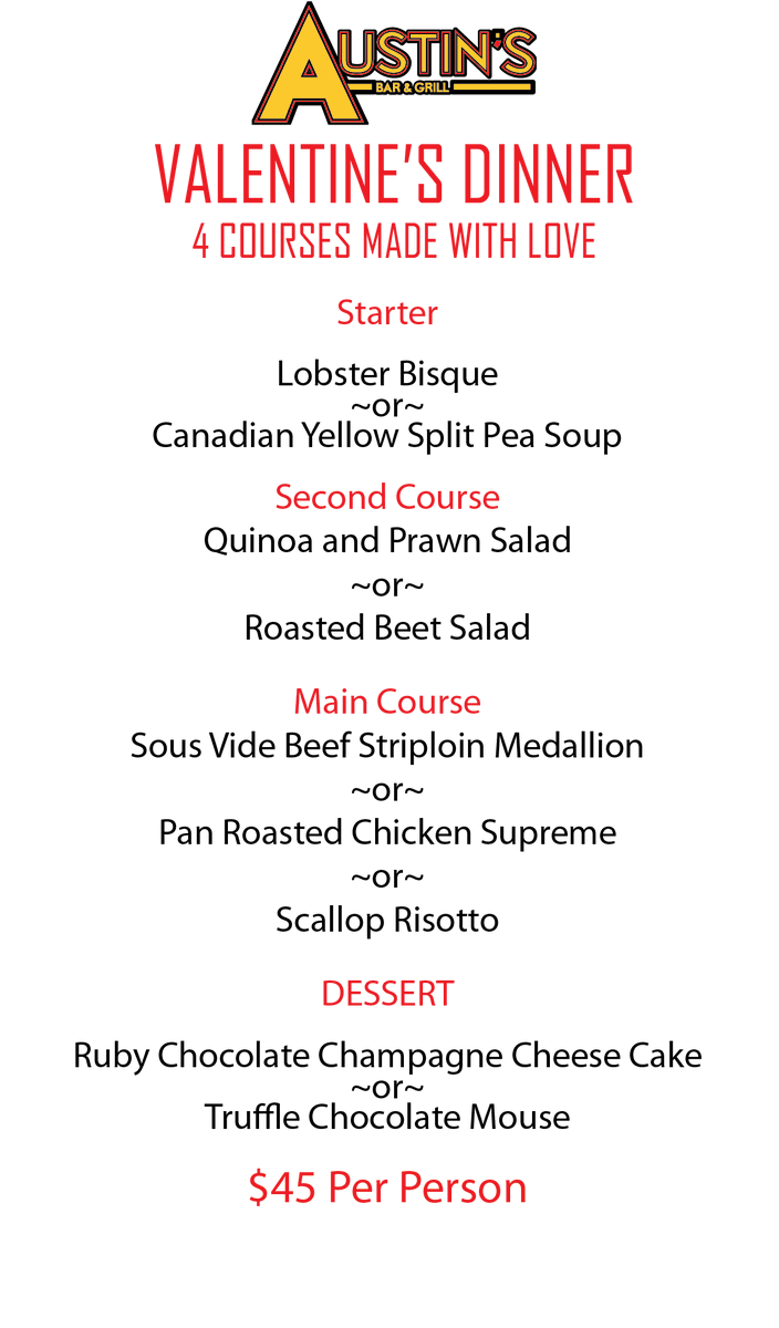 AustinsBar's tweet photo. Join us Monday, February 14th for a delicious 4 course menu in celebration of Valentine's Day!
With or without a date. No Judgement here. <3
Call 403-281-7561 now to reserve your table https://t.co/k9lhJNmZex