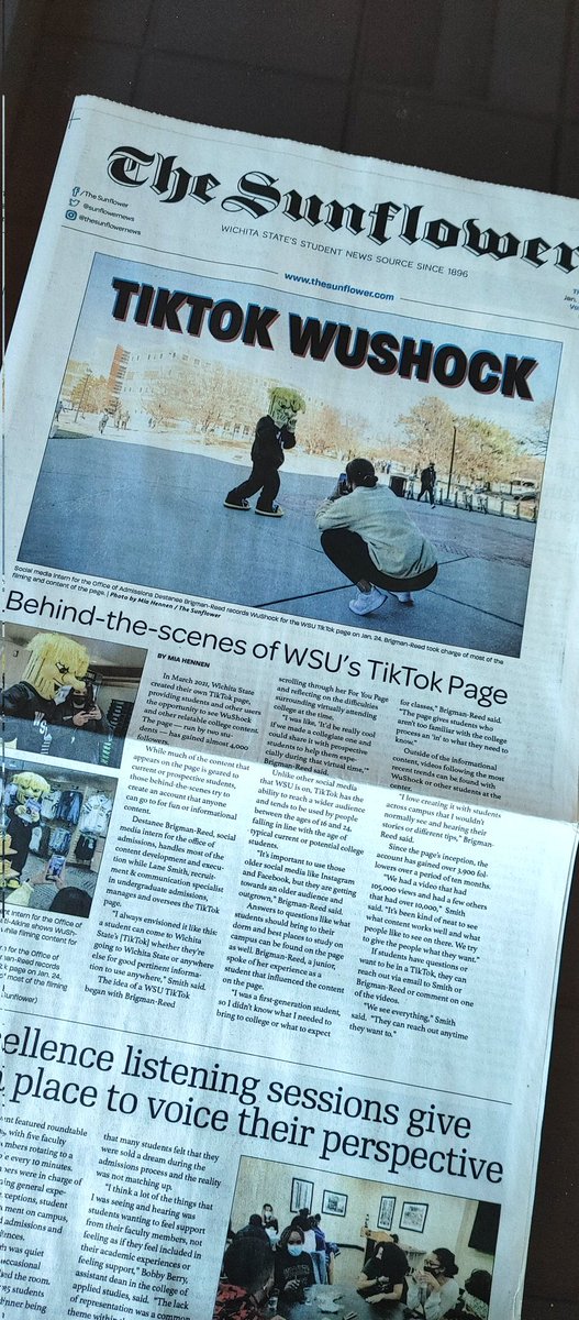 wheatweet's tweet photo. Thrilled that the wizards behind @WichitaState's TikTok - @destaneebrigman &amp; @Smith6Lane - got some premium space &amp; recognition on the cover of today's @sunflowernews. They've generated a 4k follower base &amp; views in the 100k range! 

Check it out ➡️ https://t.co/ix2l1l7sF3 https://t.co/ATgmBR0vAO