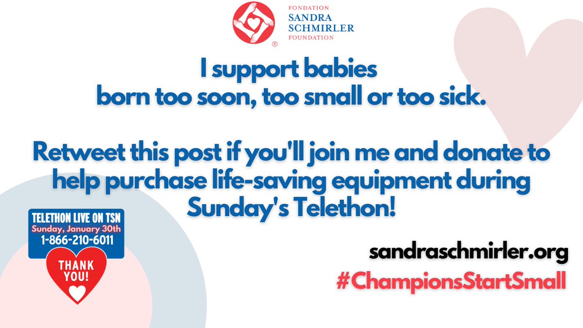 SandraSchmirler's tweet image. Can you help us spread the word about this Sunday's Telethon? Retweet this post to help us out so we can set another Telethon record this Sunday! #ChampionsStartSmall #stoh2022