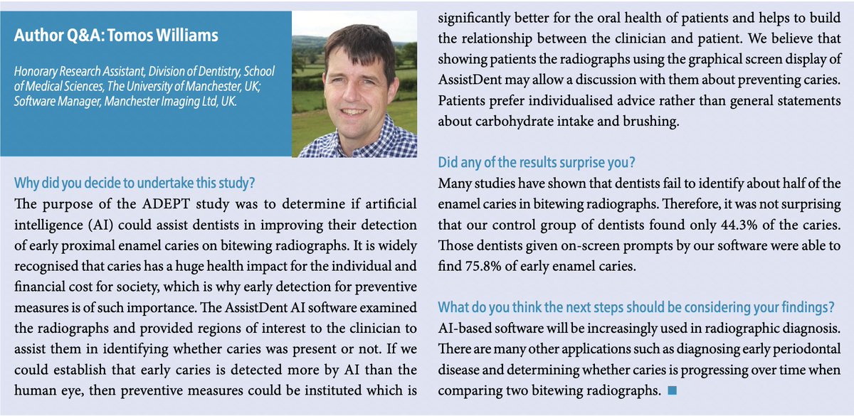 “Patients prefer individualised advice…”
Read the rationale behind AssistDent #ai technology for #dentists in an Author Q&amp;A with Tomos Williams from <a href="/AssistDent/">Manchester Imaging Limited</a> in <a href="/The_BDJ/">BDJ Portfolio</a>. 
Or read the full ADEPT study in the Journal here:  bit.ly/ADEPT-study

#dentalAI #dentistry #dental