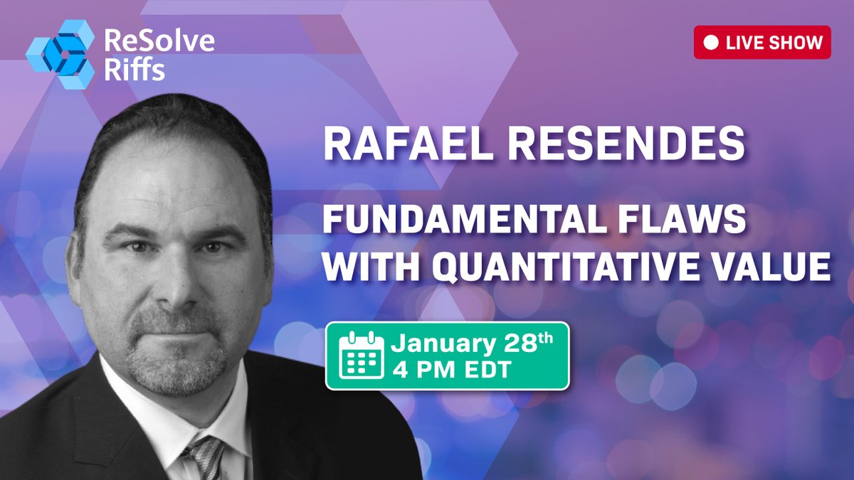 InvestReSolve's tweet photo. π»
Join us live on Jan 28th at 4 PM EST
Participate& ask questions!
#ResolveRiffs with @rresendes, Co-Founder of @AppliedFinance on Fundamental Flaws with Quantitative Value
π https://t.co/GGcnFjo6T6
#QuantitativeValuation #ValueInvesting #ValuationDriven #Stocks #Markets https://t.co/hiTwiKTt0E