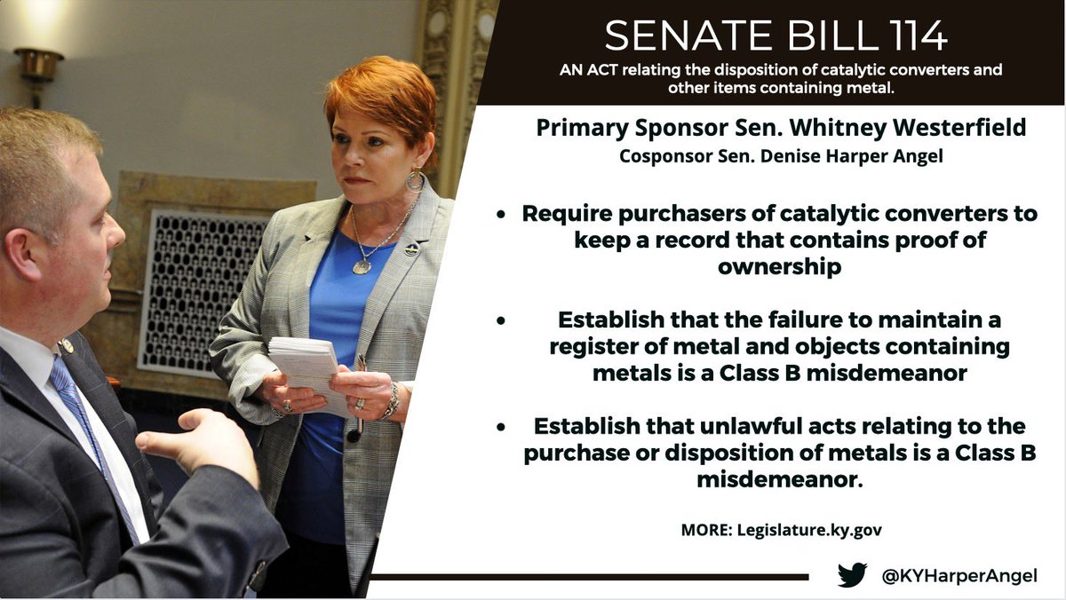 Theft of catalytic converters is becoming all too common and the growing number of thefts has only been exacerbated by the COVID-19 pandemic. I am proud to join sponsor of SB 114, <a href="/KyWhitney/">Whitney Westerfield</a>, as the primary cosponsor in an effort to thwart these instances #kyga22