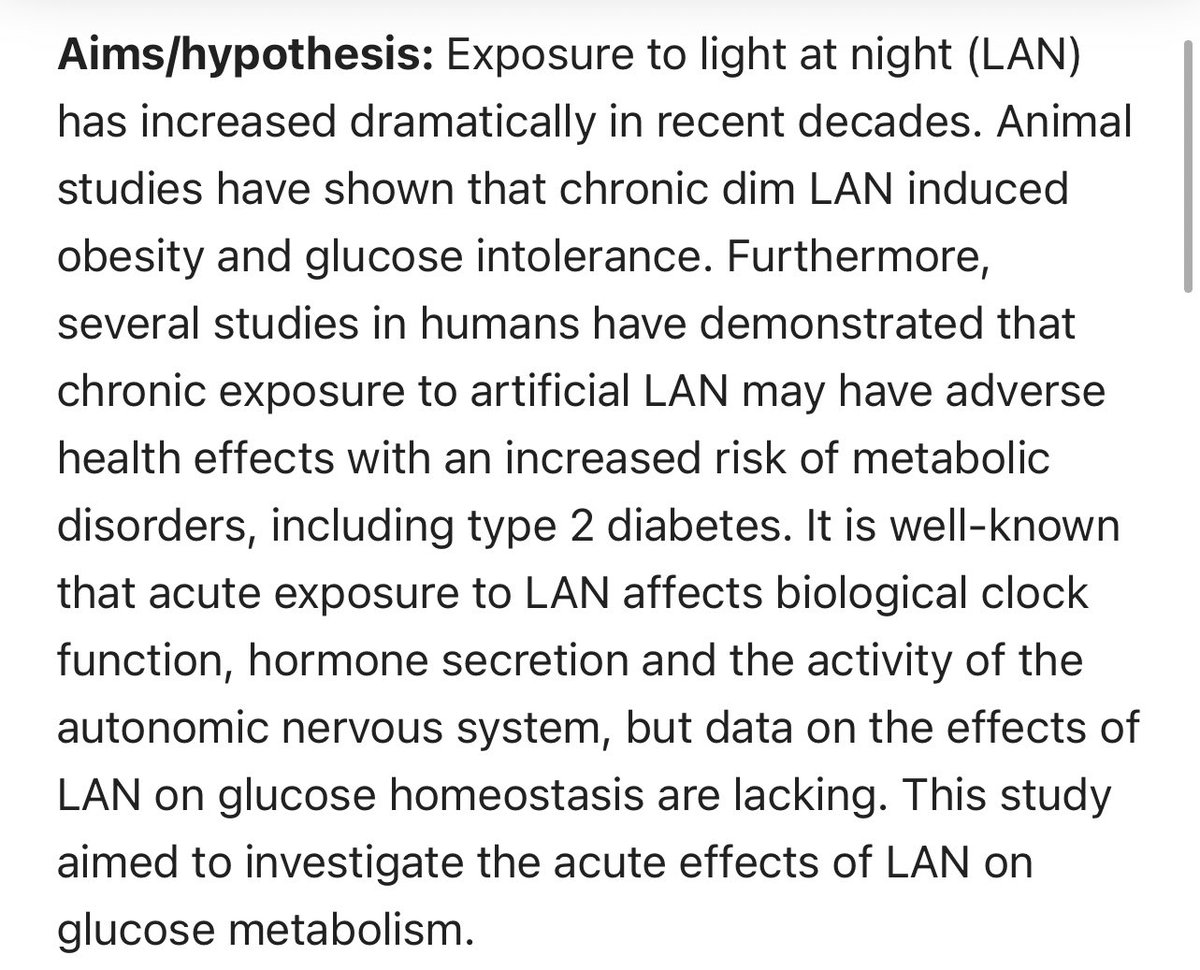 Light at night acutely impairs glucose tolerance in a time-, intensity- and wavelength-dependent manner in rats  https://www.ncbi.nlm.nih.gov/labs/pmc/articles/PMC5487588/Nocturnal rats again. Common LED and fluorescent lights have green light spectrum = glucose intolerance.