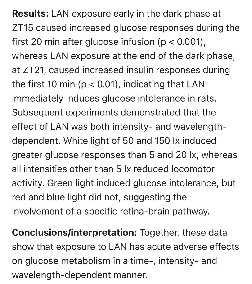 Light at night acutely impairs glucose tolerance in a time-, intensity- and wavelength-dependent manner in rats  https://www.ncbi.nlm.nih.gov/labs/pmc/articles/PMC5487588/Nocturnal rats again. Common LED and fluorescent lights have green light spectrum = glucose intolerance.