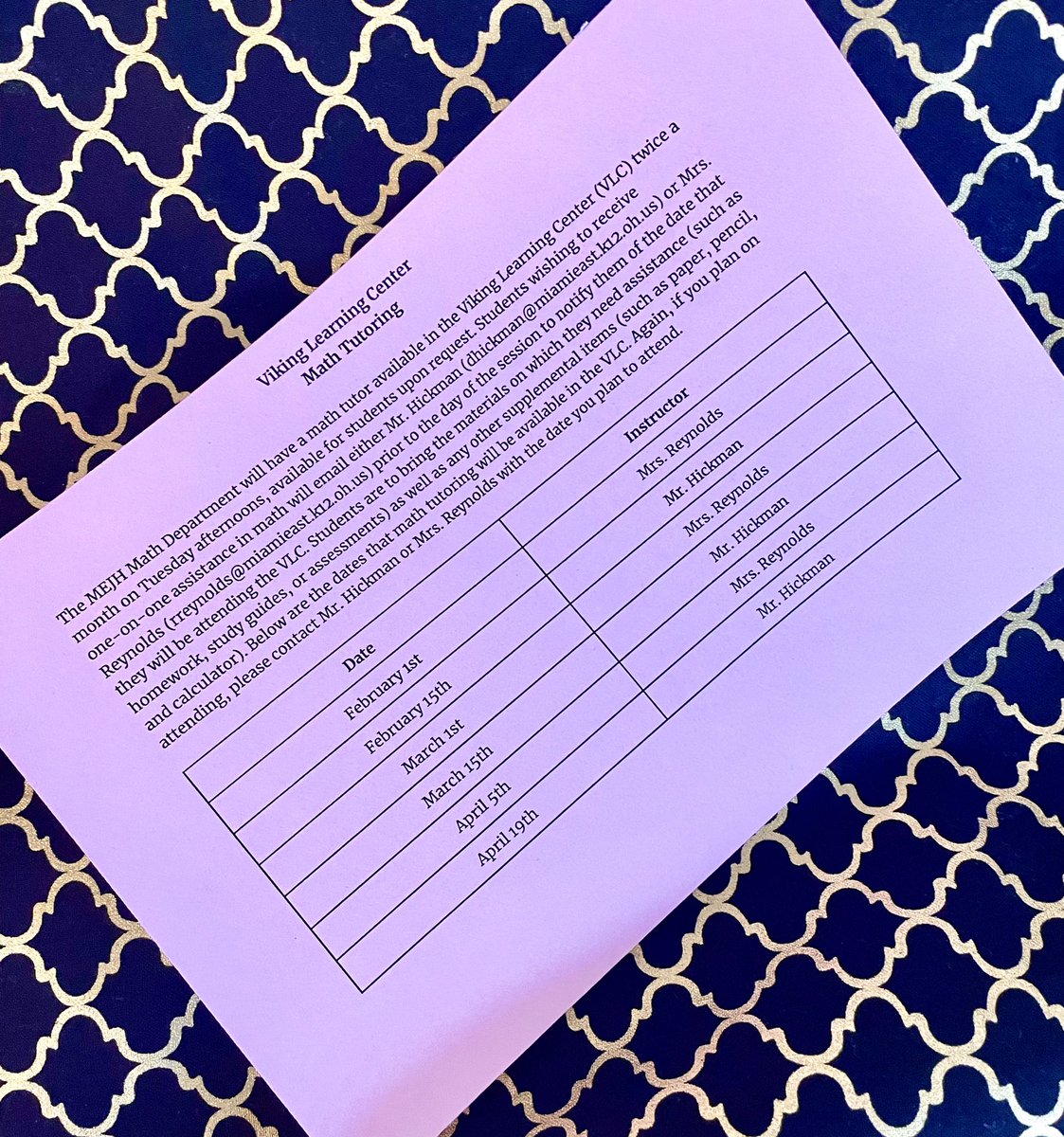 Parents: be on the lookout for this paper coming home with your student regarding the updated list of Math Tutoring days at Viking Learning Center!