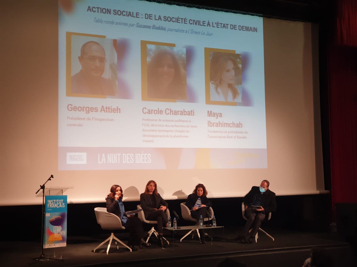 impact_gov's tweet photo. Happening now: 
Open Debate with CI Pres. @GeorgesAAttieh, Dr. @CAlsharabati from IMPACT &amp; @Mayaibrahimchah founder of Beit Al Baraka, during #lanuitdesidees 
In a country marked by social inequalities, what is the civil society's role? 
Watch it live https://t.co/ehr6QeB5zJ https://t.co/qzHrJUrvGD