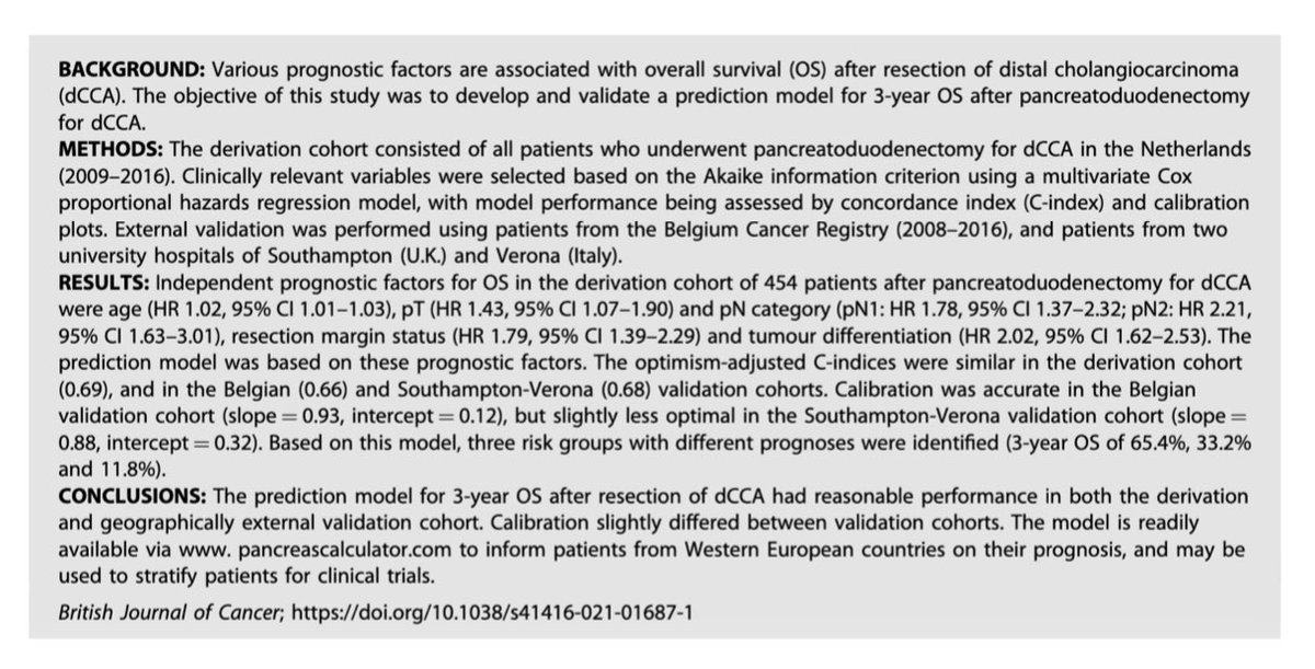 Survival calculator after #pancreatoduodenectomy for distal #cholangiocarcinoma, developed in 752 pts from 🇳🇱 🇧🇪 🇮🇹 🇬🇧: 3 risk groups with 3-year OS 65.4%, 33.2% and 11.8%. see Pancreascalculator.com and nature.com/articles/s4141… #SoMe4HPB #pancreas