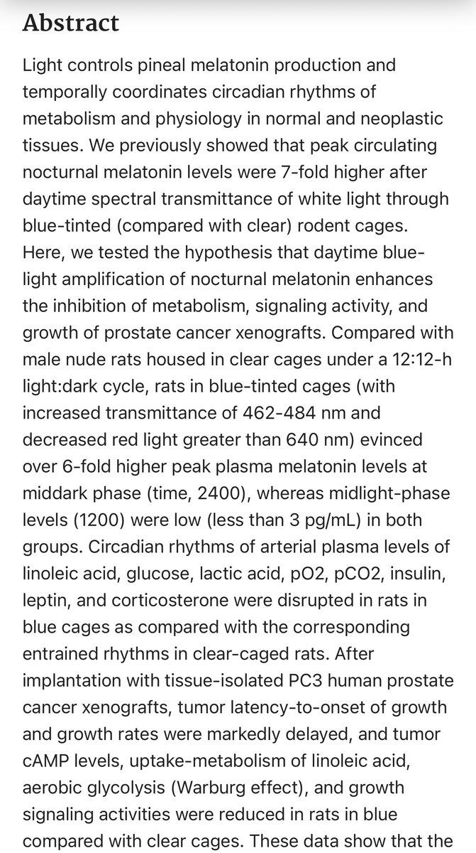 Daytime Blue Light Enhances the Nighttime Circadian Melatonin Inhibition of Human Prostate Cancer Growth  https://www.ncbi.nlm.nih.gov/labs/pmc/articles/PMC4681241/Blue light is naturally present during morning and midday primarily.