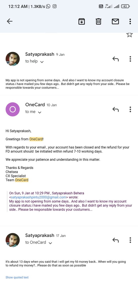 SatyaPr61203528's tweet photo. i requested for closure of my one card account .later I got the confirmation for closure.. they said your refund will be credited within 5-7 days.i also shared my bank statement.. They are not refunding my money.. And not picking calls.from 20+ days. @OneCardHelp @GetOneCardIN https://t.co/haGpvPmfby