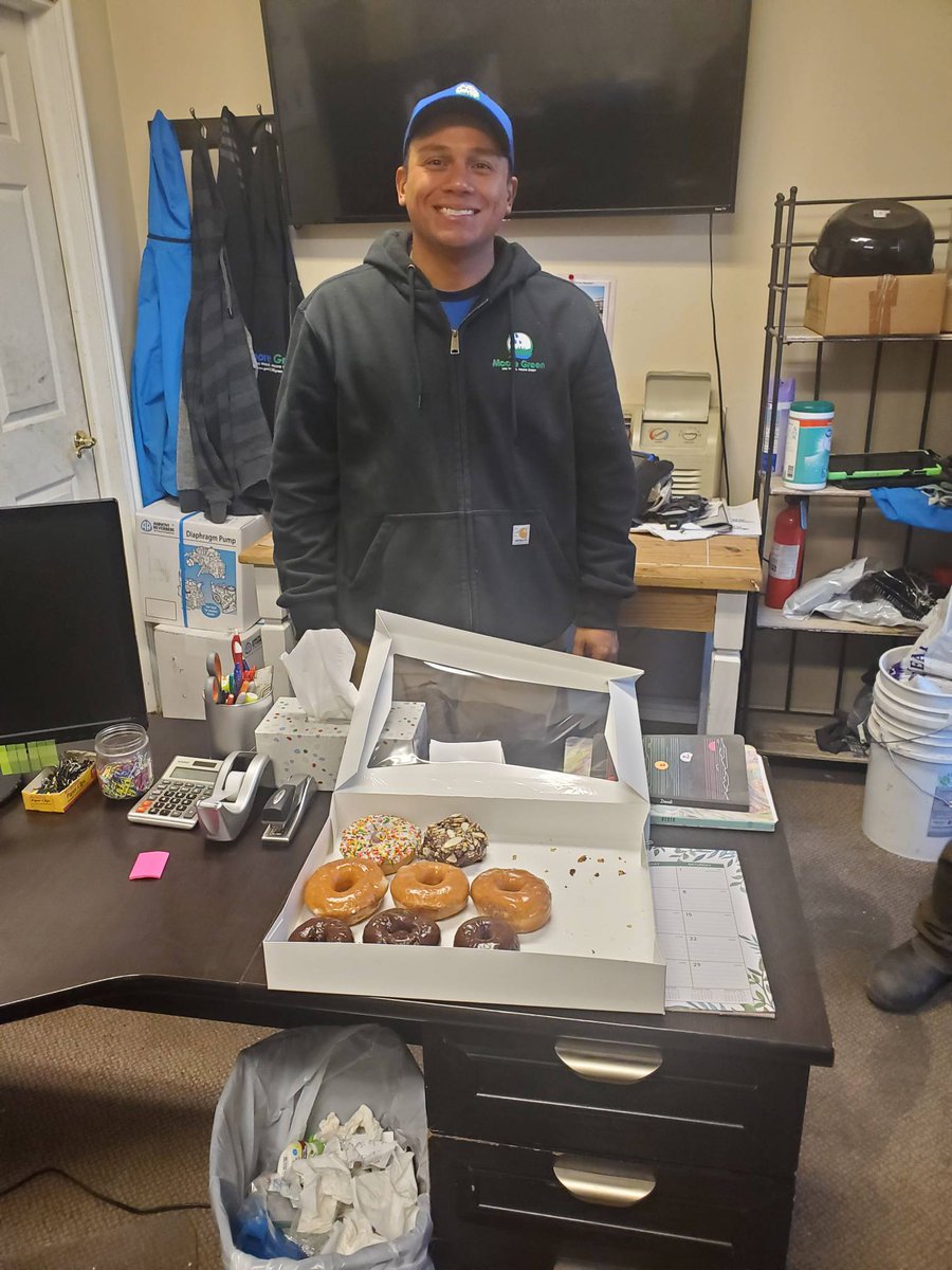 GetMooreGreen's tweet photo. What a great way to start a morning. Birthday Donuts with Jose. Happy birthday! #MooreGreen #APlayer https://t.co/49oWnvmBiC