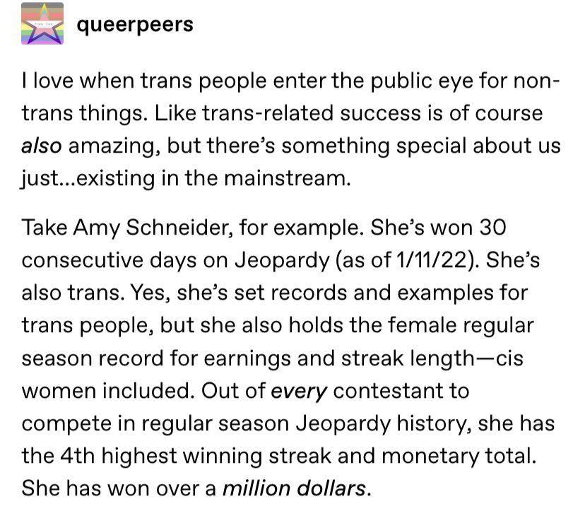 memckay41's tweet photo. Update! Thank you so much to @Jeopardamy for delivering the most impressive performance I’ve ever had the pleasure to watch. I say this as a member of the trans community and simply as any other Jeopardy fan. Congratulations on making about 100 different kinds of history ❤️ https://t.co/mNf48Y0TcA