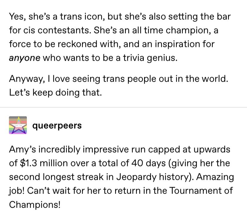 memckay41's tweet photo. Update! Thank you so much to @Jeopardamy for delivering the most impressive performance I’ve ever had the pleasure to watch. I say this as a member of the trans community and simply as any other Jeopardy fan. Congratulations on making about 100 different kinds of history ❤️ https://t.co/mNf48Y0TcA