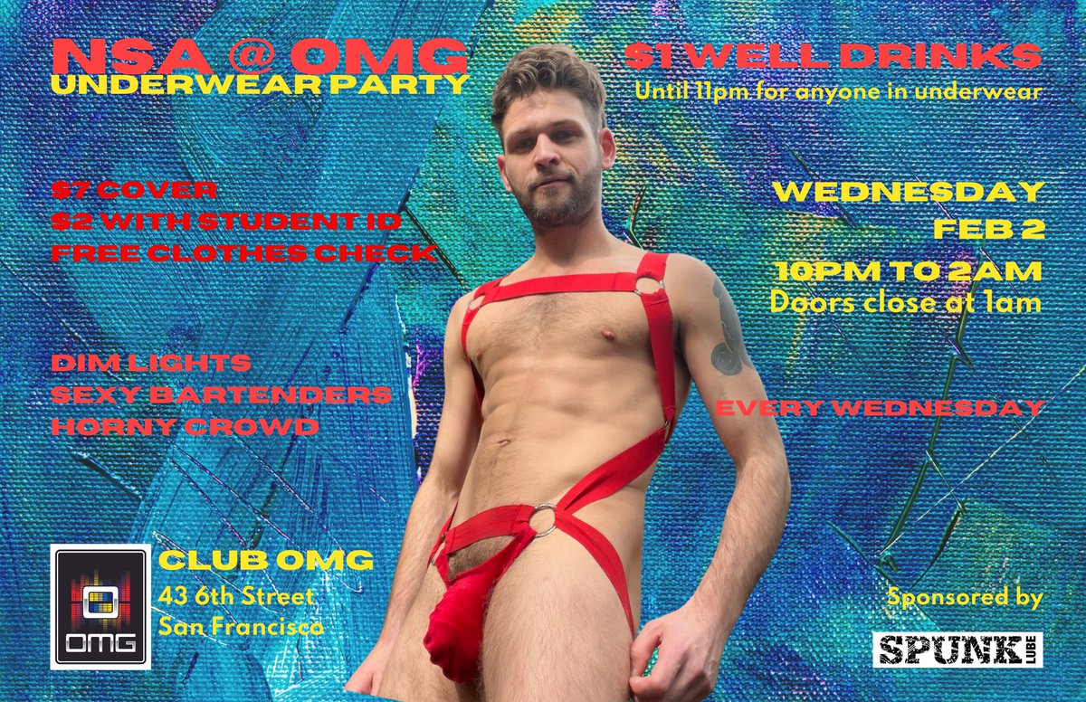 NSAOMG1's tweet photo. RT and get a FREE shot of tequila on me at the party. NSA @ OMG the naughtiest underwear party of SF. $1 drinks from 10 to 11. Wed Feb 2 at OMG 43 6th Street San Francisco #clubomgsf #NSA #nsaatomg #jockstrap #jockstrapfetish #underwearparty #underwearnight #dollardrink https://t.co/9MwbPrNb5z