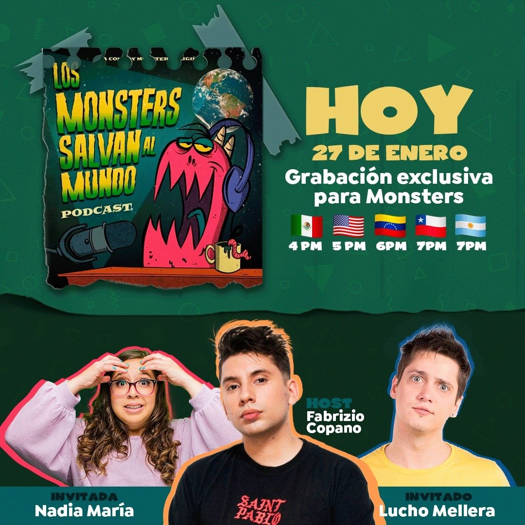 ComedyMonstersC's tweet photo. ‼️¡La grabación de Los Monster Salvan al Mundo es hoy! 

🔥Te esperamos junto a  @fabriziocopano,  @luchomellera y @nadiamaria

Prepárate para reír y disfrutar de la grabación de nuestro primer episodio💥

📍Horarios:  4 pm MX, 5 pm MIA, 6pm VZLA, 7pm CH y ARG https://t.co/K2P1Hg8QYB