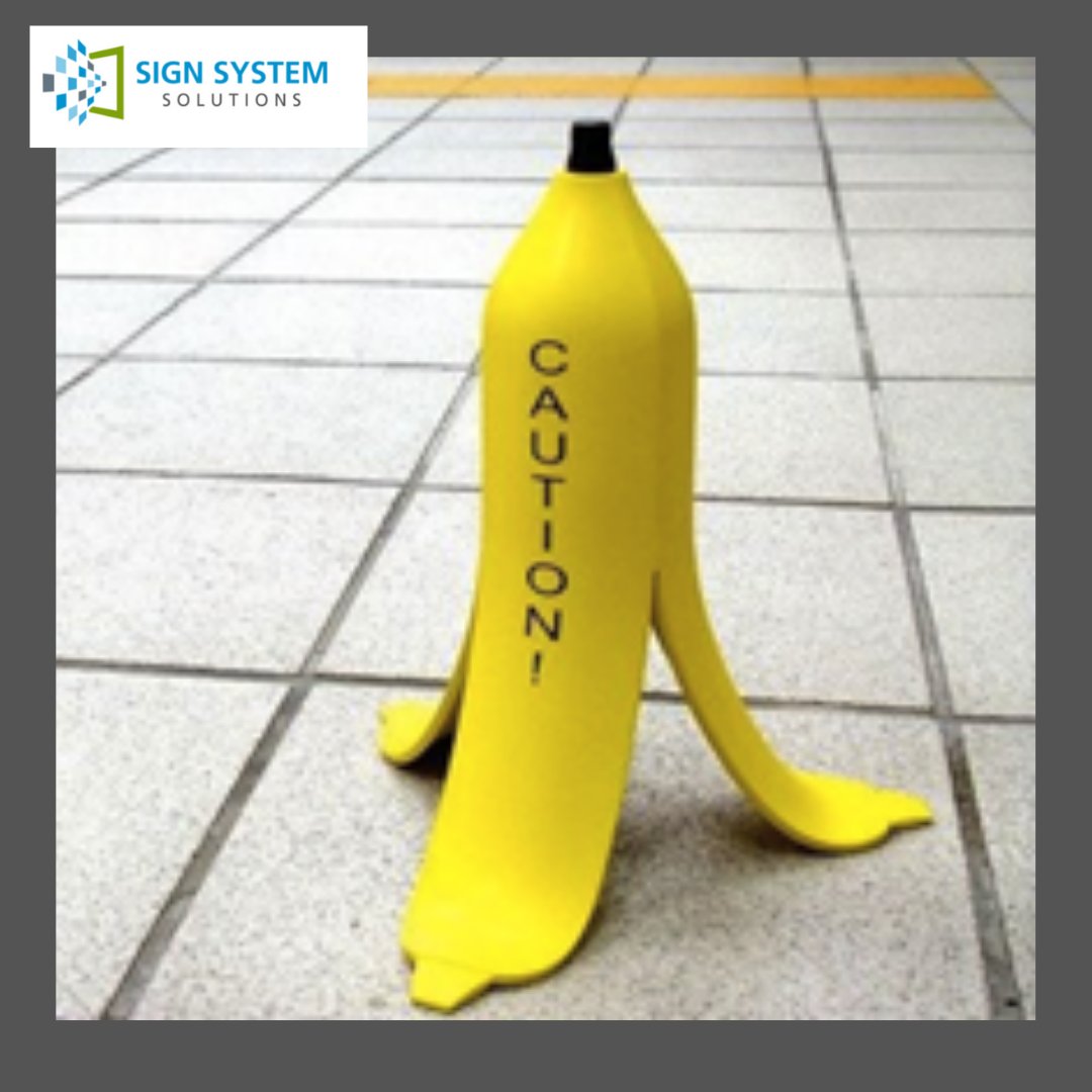 SignSystem1's tweet image. A fun and hilarious sign to deliver this CAUTION message in a playful way.  It has definitely accomplished its goal of grabbing our attention. 🍌 

#signsystem #floorsignage #signdesign #wayfinding #wayfindingsignage #signs #signsystemsolutions #funnysigns