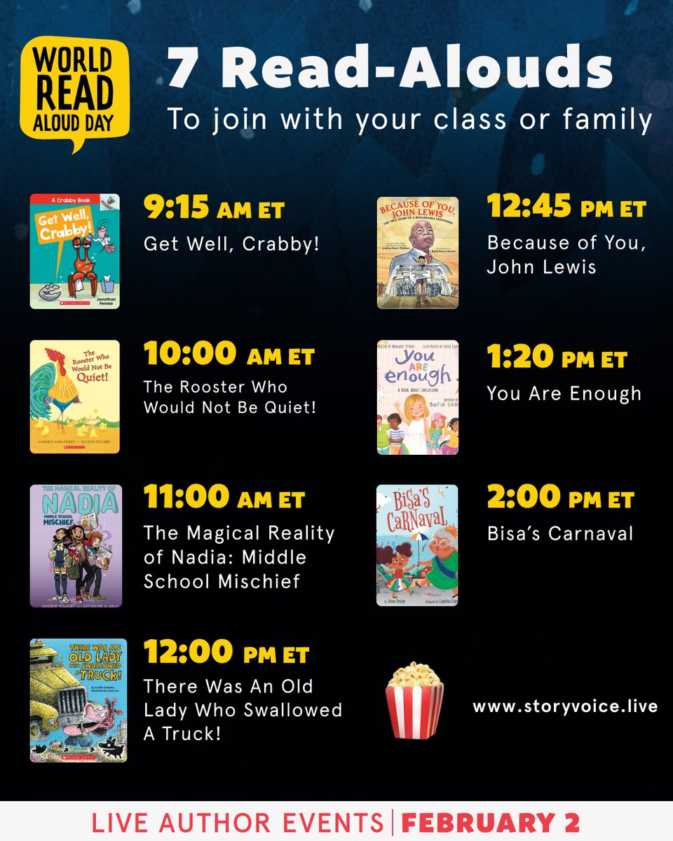 A read-aloud for everyone!

Join your favorite <a href="/Scholastic/">Scholastic</a> authors for a full day of live read-aloud events as we celebrate World Read Aloud Day on February 2, 2022 ✨

Register and take part at storyvoice.live 🍿

#WorldReadAloudDay