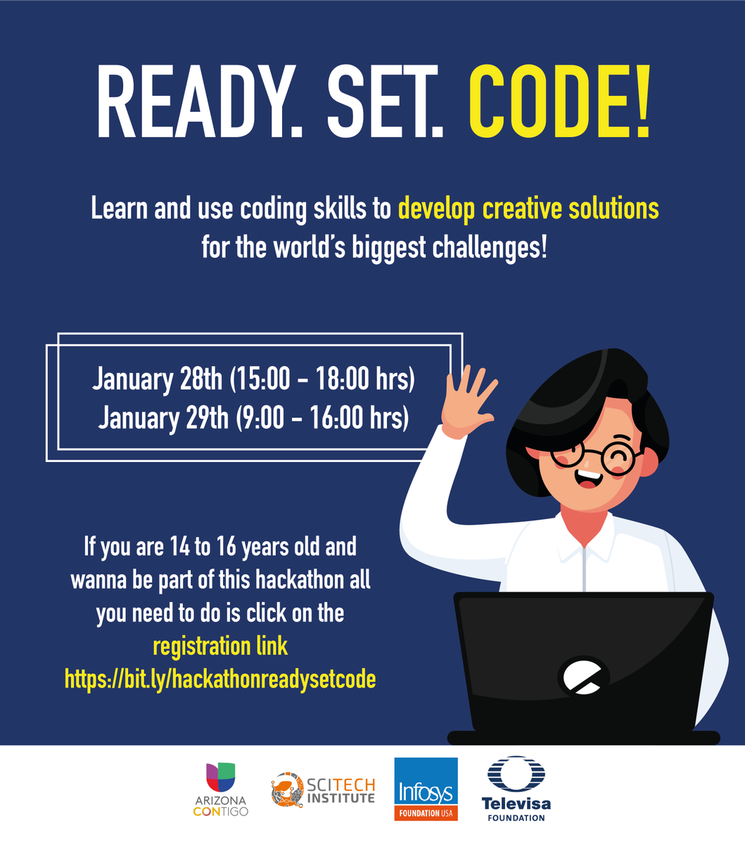 Attention AZ Teachers! Do your students like using code to develop solutions to problems in their community or even around the world? Then encourage them to sign up for the Ready. Set. Code! Hackathon this weekend! Register here: bit.ly/hackathonready…