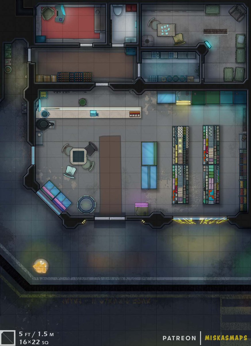 MiskasMaps's tweet photo. You are on a shore leave and walk into this small space station bodega. Who is hanging out in here?
The Space Station Bodega is a #battlemap I finished today. Tomorrow I'll be preparing this for #FoundryVTT and then this is ready for release. 
#starfinder #cyberpunkrpg #scifirpg https://t.co/mmntxvl0q7