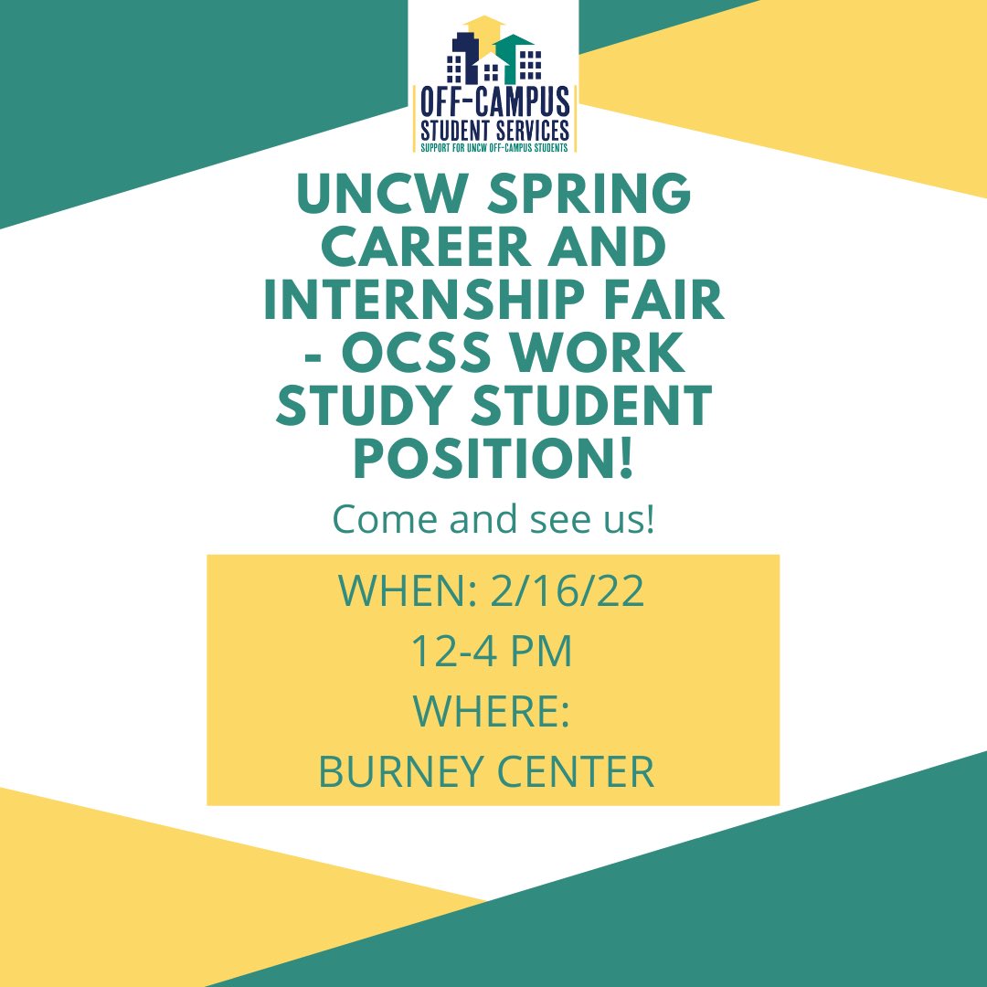 Seahawk_OCSS's tweet image. We will be looking for a student worker at the UNCW Spring Internship and Career Fair! The Off-Campus Student Services (OCSS) work study position is an integral member of the Office of the Dean of Students (ODOS) team. OCSS supports off-campus students at UNCW.