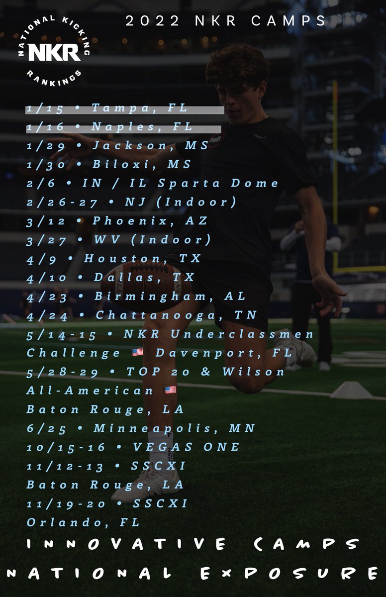 CoachJeffGarner's tweet image. 🗓️ 📍 🗓️ 📍 ♠️ ♠️ ♠️ 📍 🗓️ 📍 🗓️

SNAPPERS KICKERS PUNTERS

NKR 2022 Camp Schedule 🚨 🚨 🚨

Grab your Spot Today!

Exclusive path for All United States Games 

  ⬇️ ⬇️ ⬇️ Click Here for Schedule and Camp Details  

loom.ly/K3cWVLg