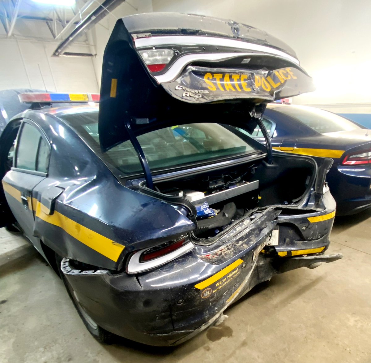 nyspolice's tweet image. Another reminder of why we need you to move over for emergency vehicles.
Our Trooper is okay after his car was hit while assisting with traffic control on I-481 in Cicero, Onondaga County. 
Please, slow down and move over when you see those flashing lights.