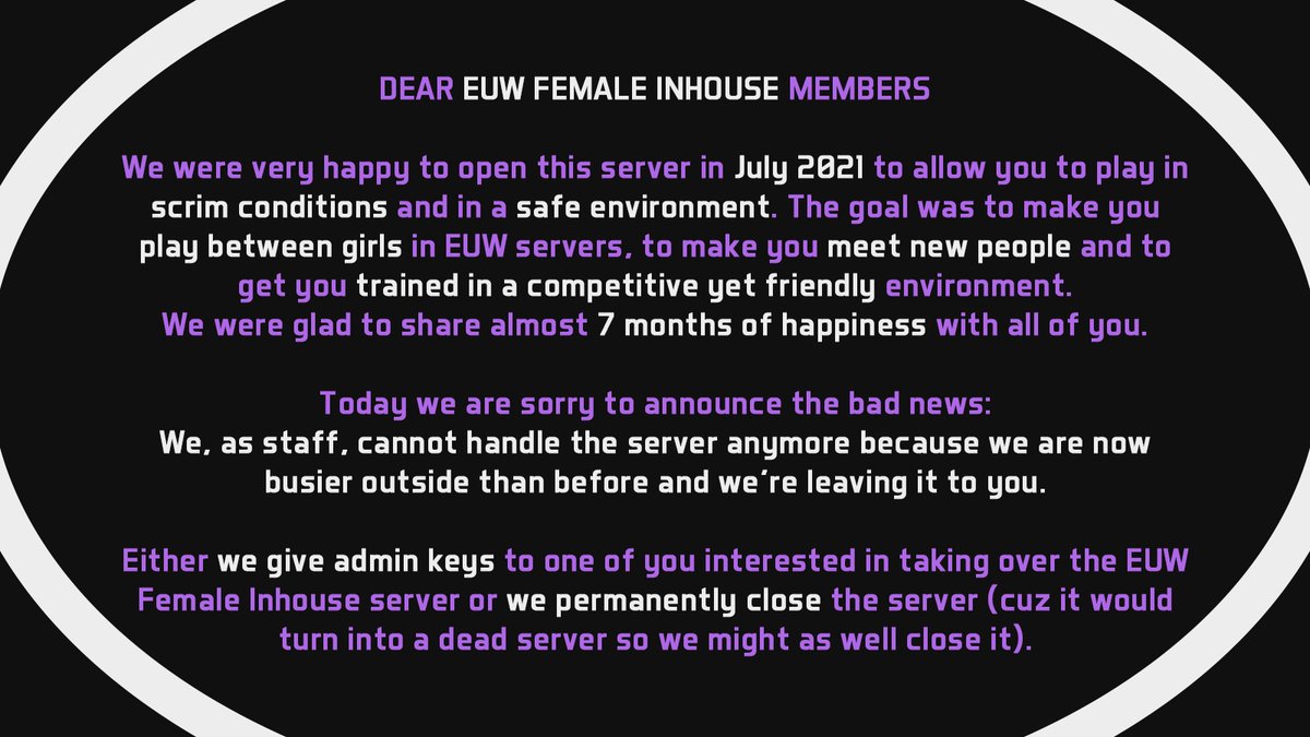 FemaleInhouse's tweet image. 📢 We are sorry to announce you that we are closing the EUW Female Inhouse unless some of you want to relay us as organiser/manager admin. 👩‍✈️

The server opened in July 2021 and it has been great to be with all of you ever since. 🤩

📩 DM open.