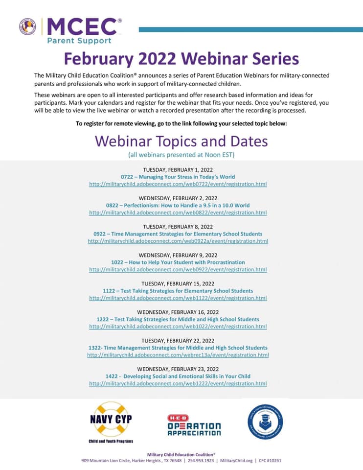 NavyCYP's tweet photo. @MilitaryChild has announced their February 2022 series of Parent Education Webinars for military-connected parents and professionals who work in support of military-connected children. FMI and to register for a webinar, visit https://t.co/A2zveIHdeI. https://t.co/mmBfLz4G1q