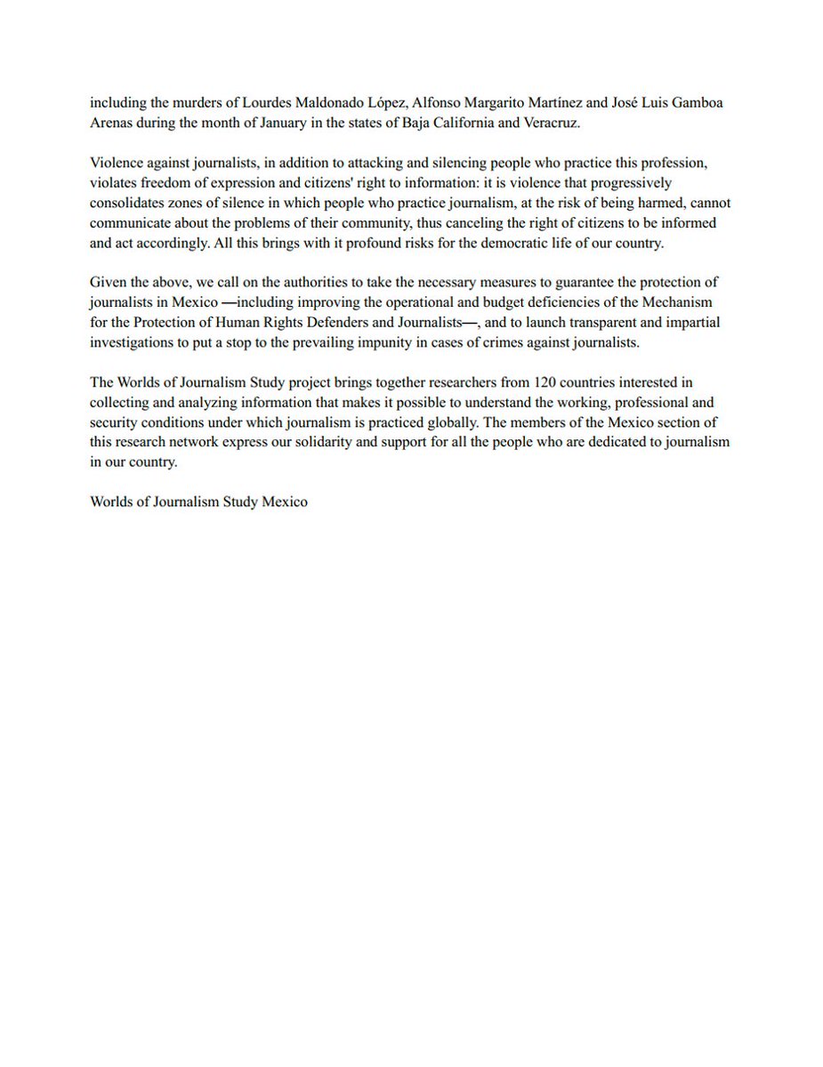 Lxs integrantes y aliadxs de la red Worlds of Journalism Mexico expresamos nuestra preocupación e indignación por los continuos ataques violentos contra periodistas en el país: