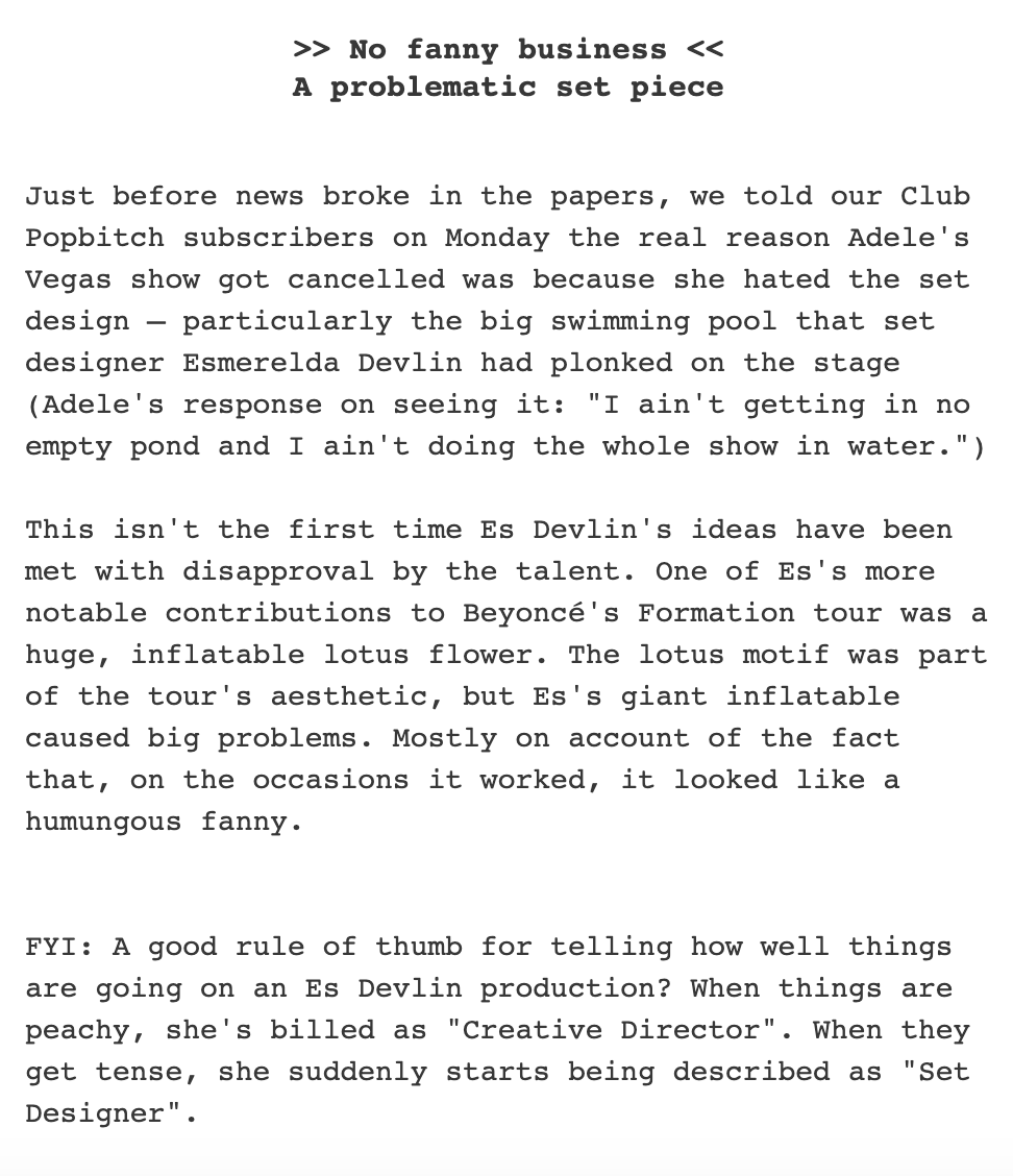 we need a vanity fair profile on Es Devlin. (this is from the newsletter popbitch)