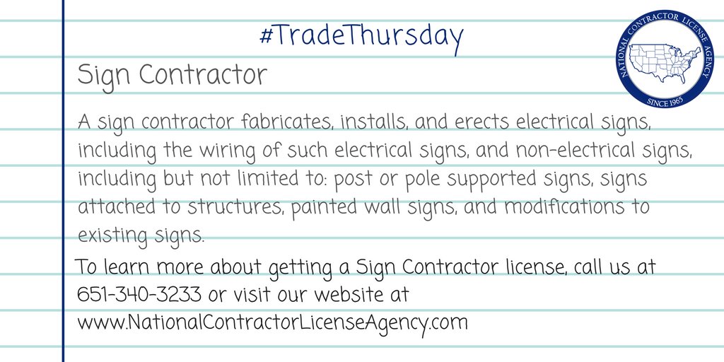 License_Agency's tweet image. #TradeThursday - Today we feature the #SignContractor trade...To learn more about getting #licensed, continuing ed or getting a #qualifier for a #Sign #Contractor, call us @ 651-340-3233 or connect w/us via our website at NCLAMN.com  #ThursdayThoughts