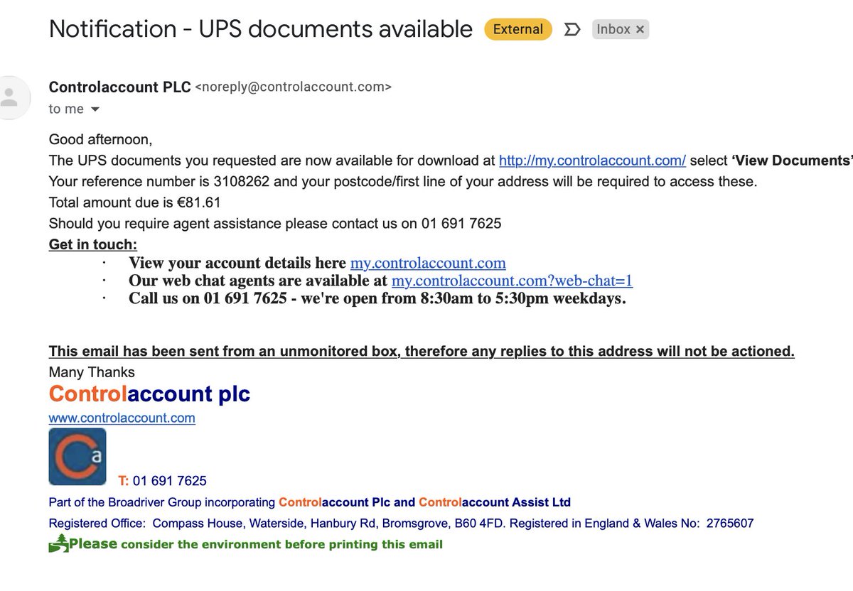 jimfitzpatrick's tweet photo. Anyone been conned by #ControlAccount scam. I paid them last time, still have no idea what i was paying for as I use #DHL, never #UPS, but am being charged for something I never used +they refuse to even discuss it just added penalties, its now double the money?
Help appreciated https://t.co/gFP4bfvpYQ