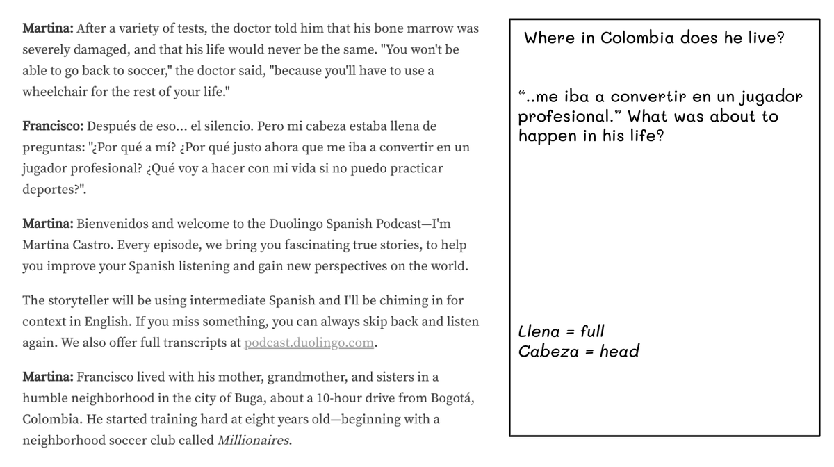 MaestraMatej's tweet photo. I love using Duolingo's podcasts and developing them into more interactive activities. Students answer questions as they listen and can use the transcript to help aid in their comprehension. #spanishteacher #spanish #duolingo #podcasts #comprensibleinput #secondlanguagelearners https://t.co/YRKtk5vZ4M