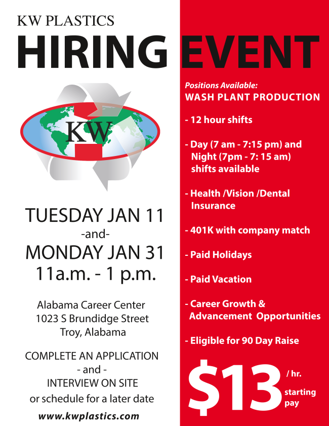 sealaworks's tweet photo. KW Plastics will have a hiring event Monday January 31 from 11:00 to 1:00 at the Troy Career Center. Pay starts at $13/hour.
#NowHiring #TroyCareerCenter #KWPlastics #TroyAlabamaWorks #SoutheastAlabamaJobs #AlabamaWorks #Region6Jobs https://t.co/GyuFDOpUms