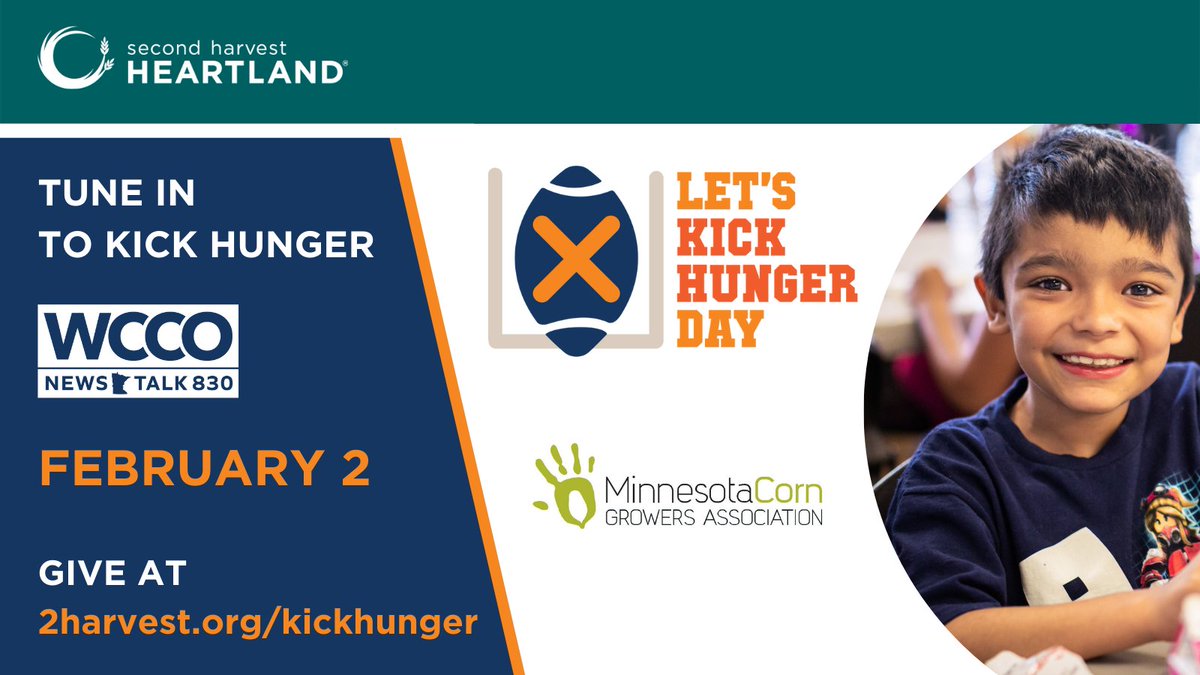 mncorn's tweet photo. Minnesota Corn is committed to helping @2harvest provide stability when it’s needed most. We’re doing so as a sponsor of the 13th annual #LetsKickHungerDay on February 2, hosted by @wccoradio. The radiothon raises crucial funds to help #endhunger. https://t.co/M3BgLznm8a. https://t.co/7LfHuINV6o