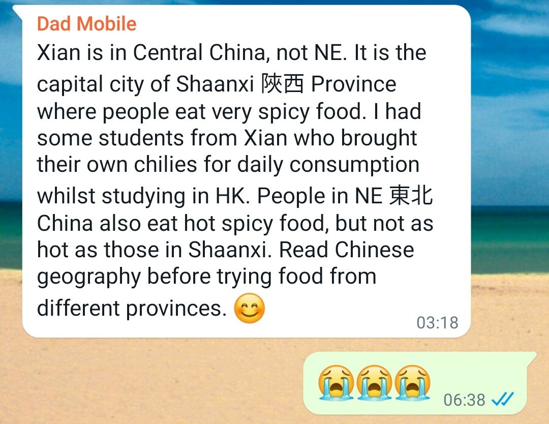 drphiliplee1's tweet photo. I ordered some Chinese food which was pretty spicy thinking Xian was in NE China, where food I thought was milder, and I don't think I've ever been schooled this hard by my dad. https://t.co/ekq6c2LAJ3