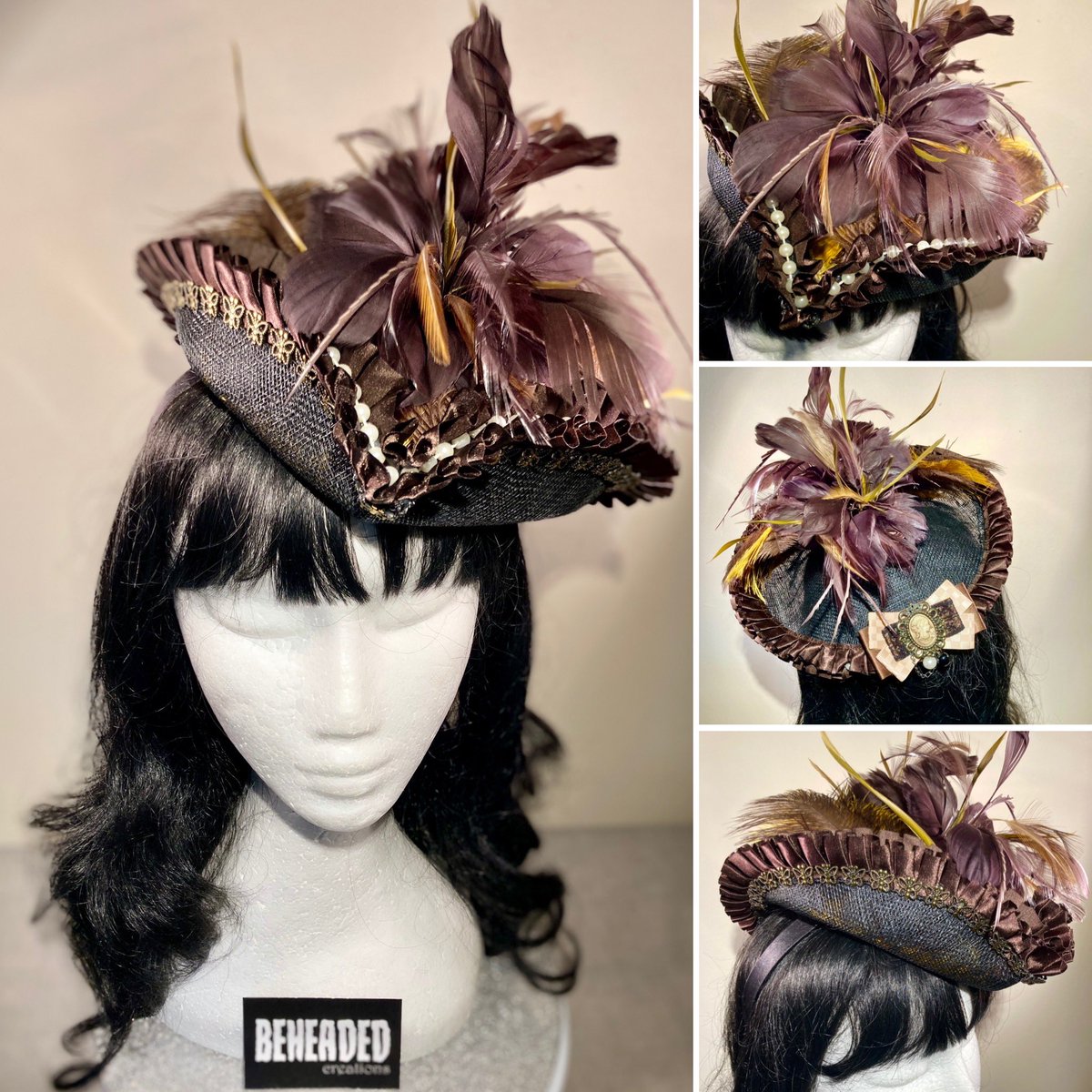 New hat for me! I made myself a black/brown mini tricorn. Lots of feathers and feather flowers in chocolate and caramel colours. #BeMorePirate #piratehat #tricorn #feathers #blackandbrown