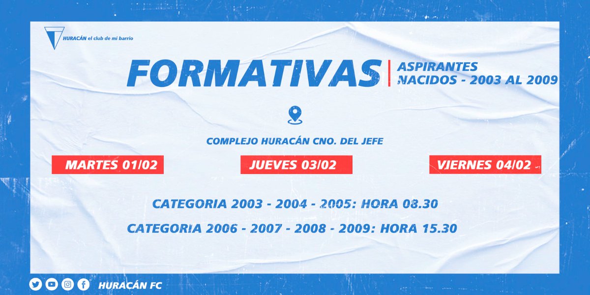 #Formativas | Vuelven los llamados y los entrenamientos. 

Cat. 2003/04/05/06/07/08/09.

📍Complejo del Jefe. (Cno el Jefe 2944) 

Solicitamos concurrir con ropa deportiva, recipiente con agua y carnet adolescente. 

#VamosHuracán