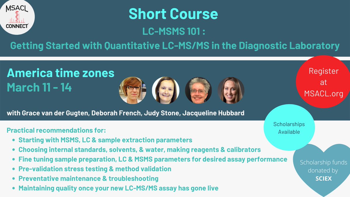 MSACL's tweet photo. MSACL is offering a virtual LC-MSMS 101 course this March, with an optional additional 2-hour HANDS-ON component in-person at MSACL 2022 in Monterey, California. Scholarships are available and generously supported by @SCIEXnews. 
More info: https://t.co/2KfgoADVtk https://t.co/SHvspUxeDt