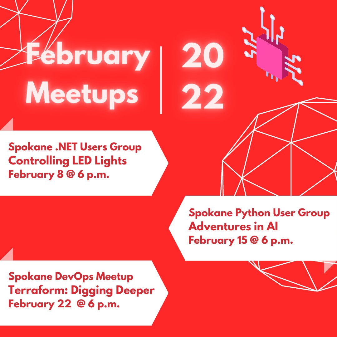 IntelliTect's tweet photo. February is full of great tech meetups! 

Our lineup includes Controlling LED Lights with a Raspberry Pi and .NET, Pragmatic Python IV: Adventures in AI, and Terraform: Digging Deeper. 

Register here for all three: https://t.co/YRk2N8taSk

#dotnet #python #terraform https://t.co/IL7TTfu1bp