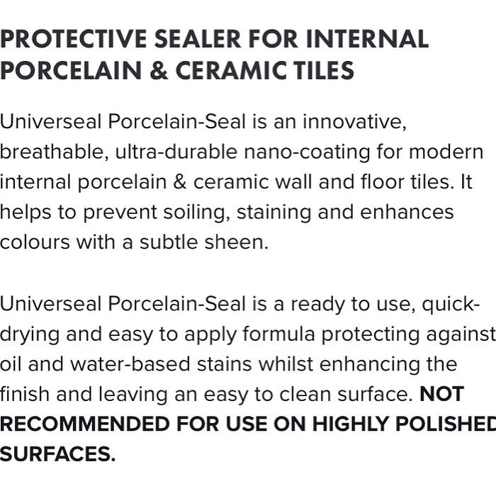 Check out our porcelain seal which is suitable for indoor porcelain! This product will protect against a number of problems. Swipe to see more detail about this product! 

#universealsealants #bestonthemarket #porcelain #cleaning