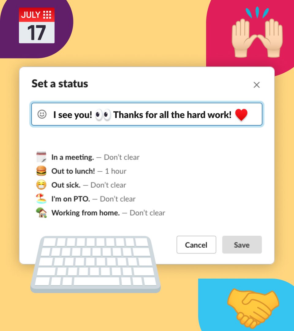 SlackHQ's tweet image. Cheer on your team. Send your flowers. Celebrate every win. And let everyone know in your status! #SlackTips 💐